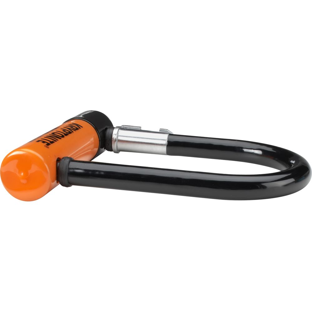 Ein orangefarbenes Kryptonite-Fahrradschloss mit schwarzem Bügel.