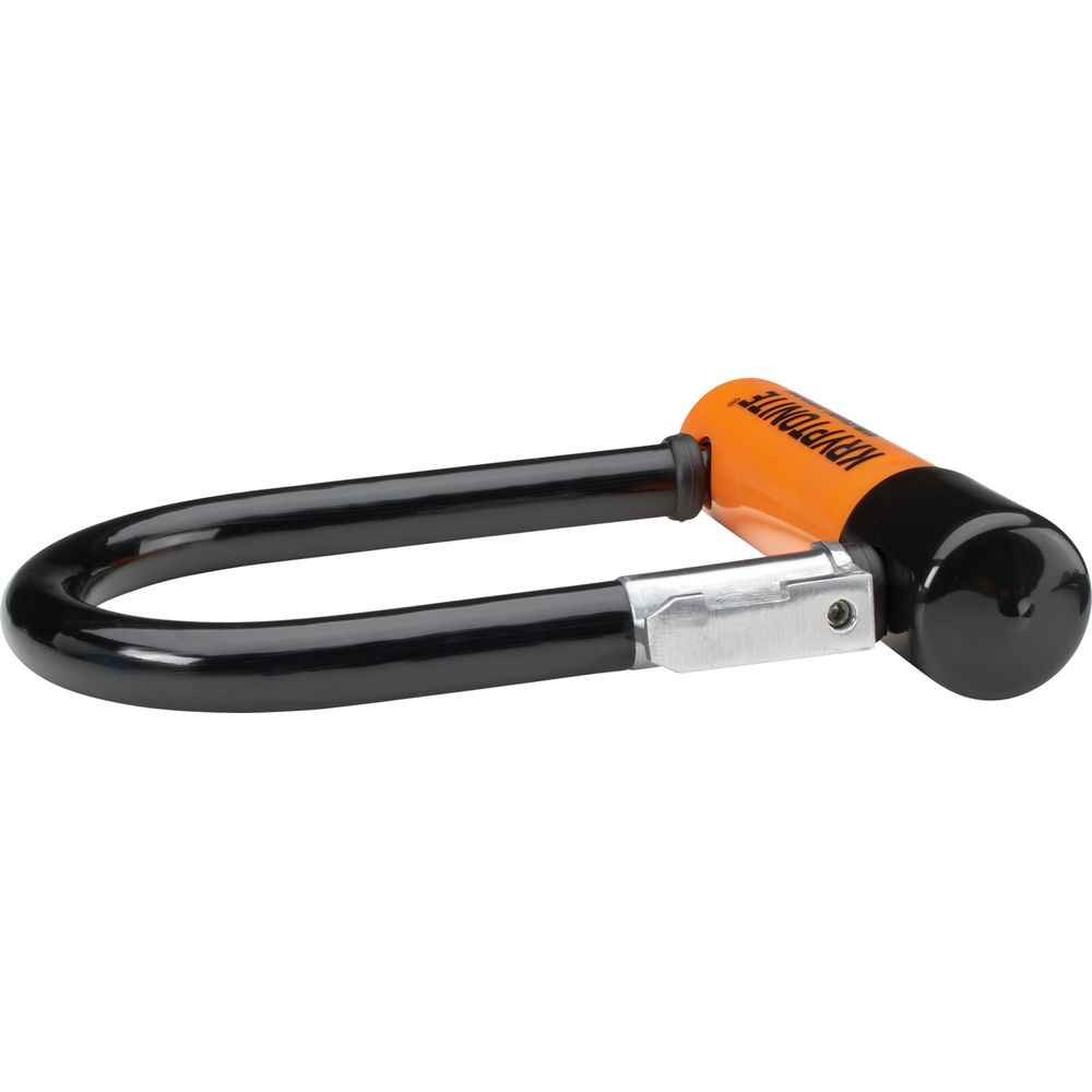 Schwarzer Fahrradschlossbügel mit orangefarbenem Griff und silbernem Verschluss.