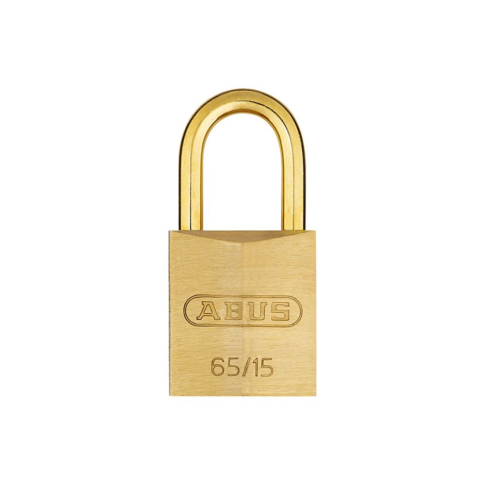 Ein goldener Vorhängeschloss mit dem Namen ABUS und der Nummer 65/15.