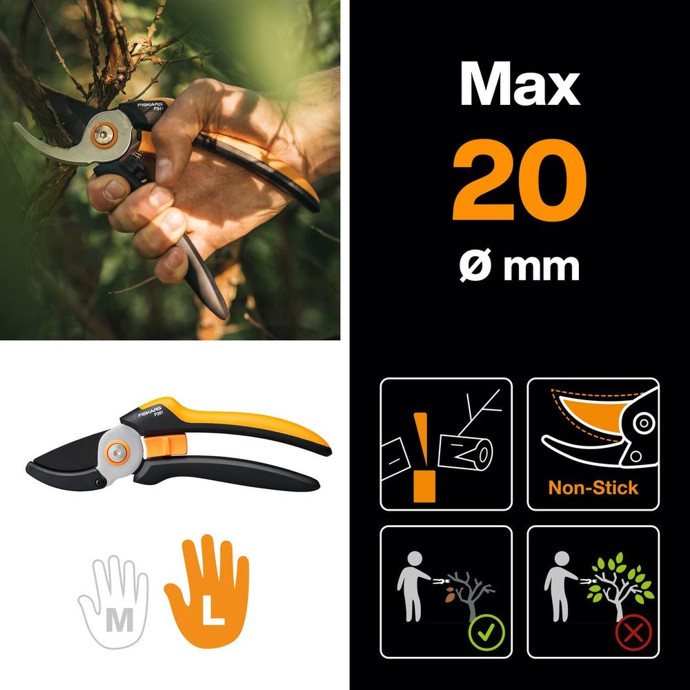 Gartenschere mit gelben Griffen, maximal 20 mm Schnittstärke.