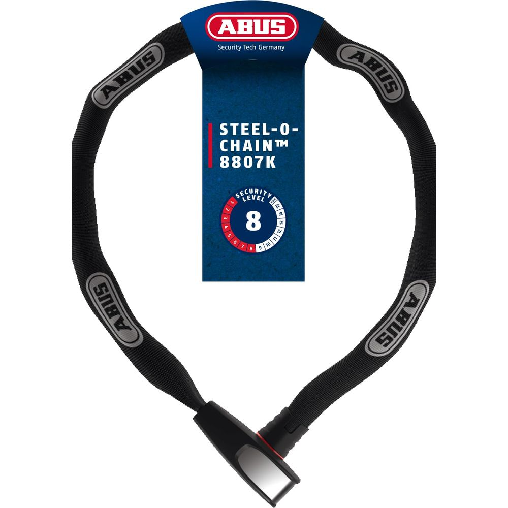 Schwarze ABUS Stahlkette 8807K mit rotem Schlossende und Sicherheitsstufe 8.