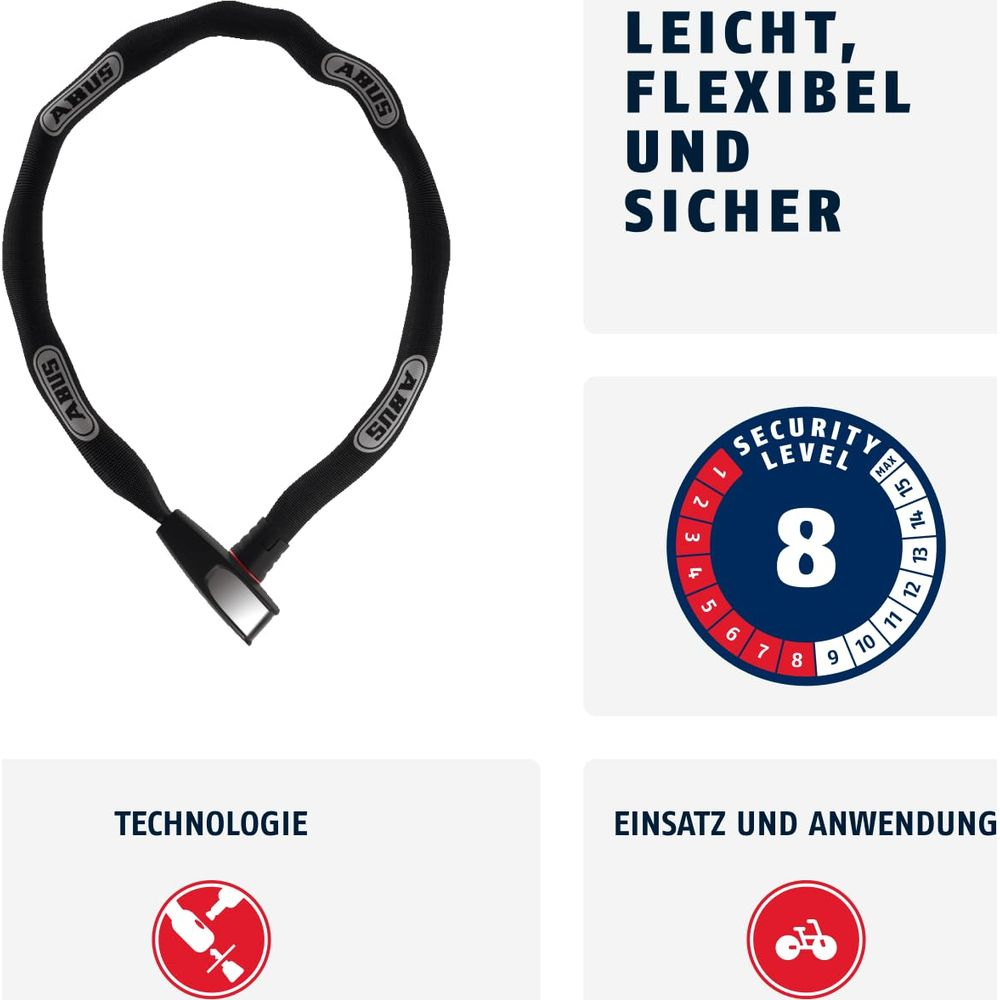 Schwarzes ABUS Fahrradschloss mit Security Level 8. Leicht, flexibel, sicher.