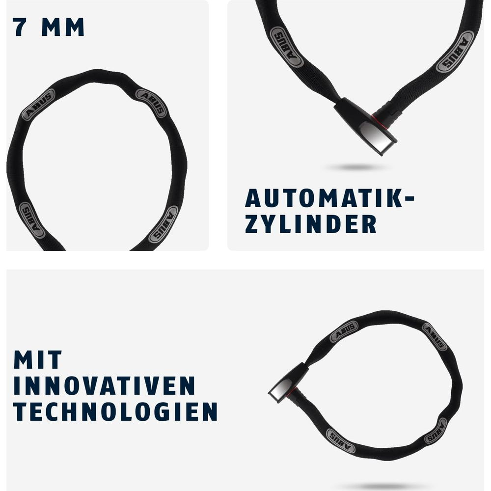 Ein 7-mm-Schloss mit ABUS-Logo und Text auf Deutsch.