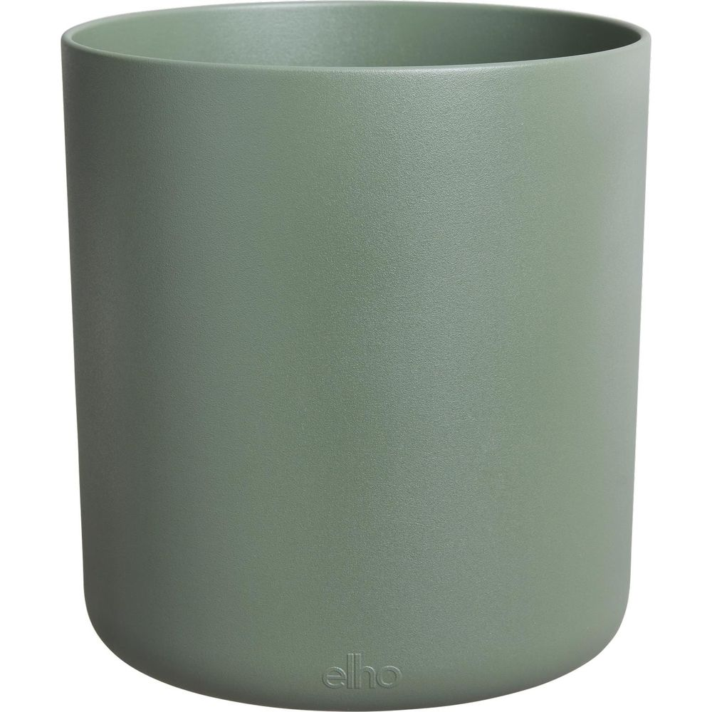 Ein grüner, zylindrischer Blumentopf ohne Muster mit dem Logo 'elho'.