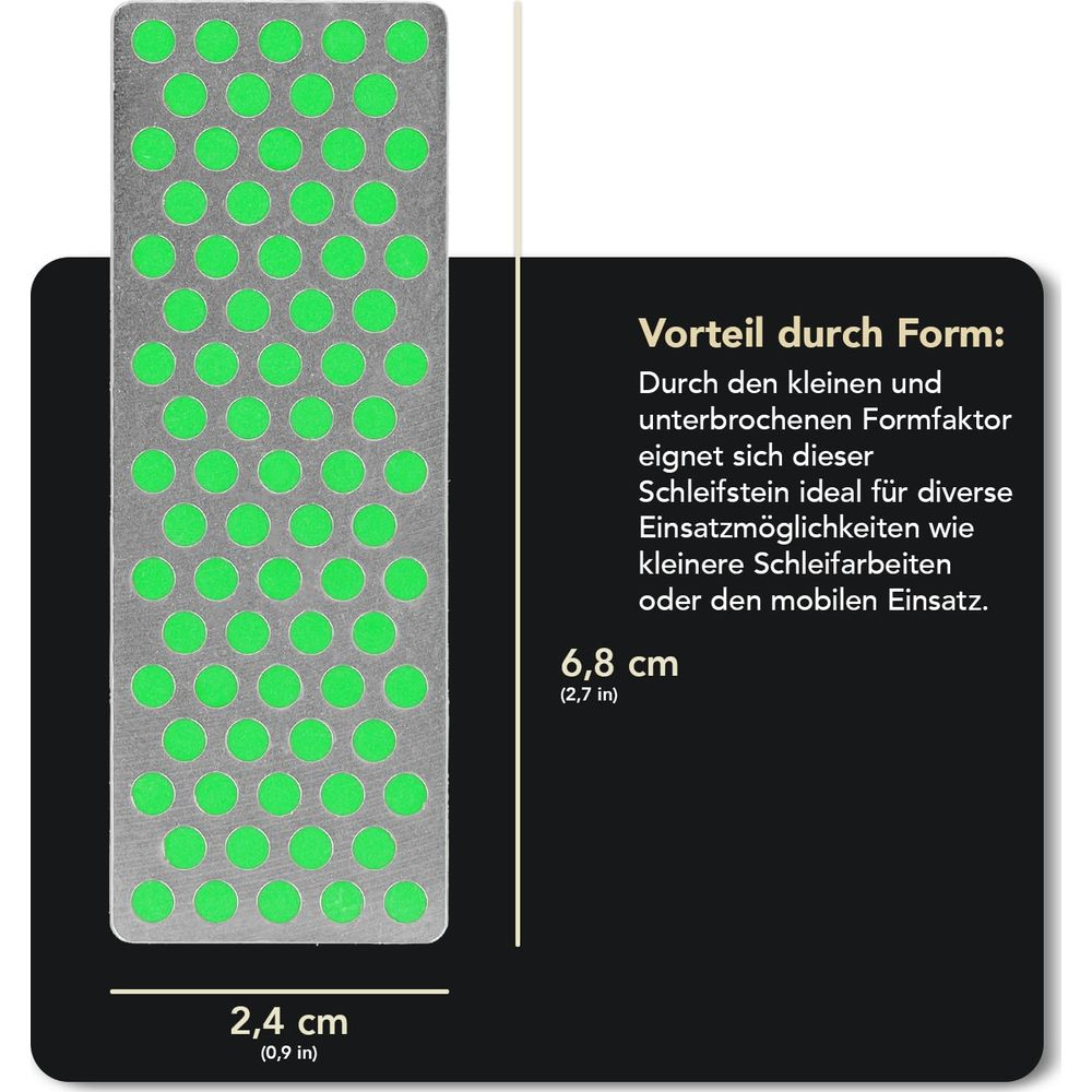 Pierre à aiguiser avec des points verts, 2,4 cm x 6,8 cm.