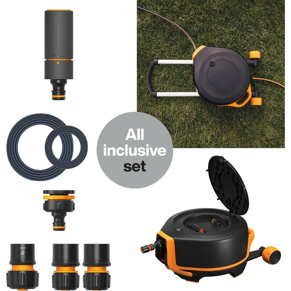 Gartenschlauch-Zubehörset mit Sprühkopf, Schläuchen, Verbindern und Schlauchwickler.