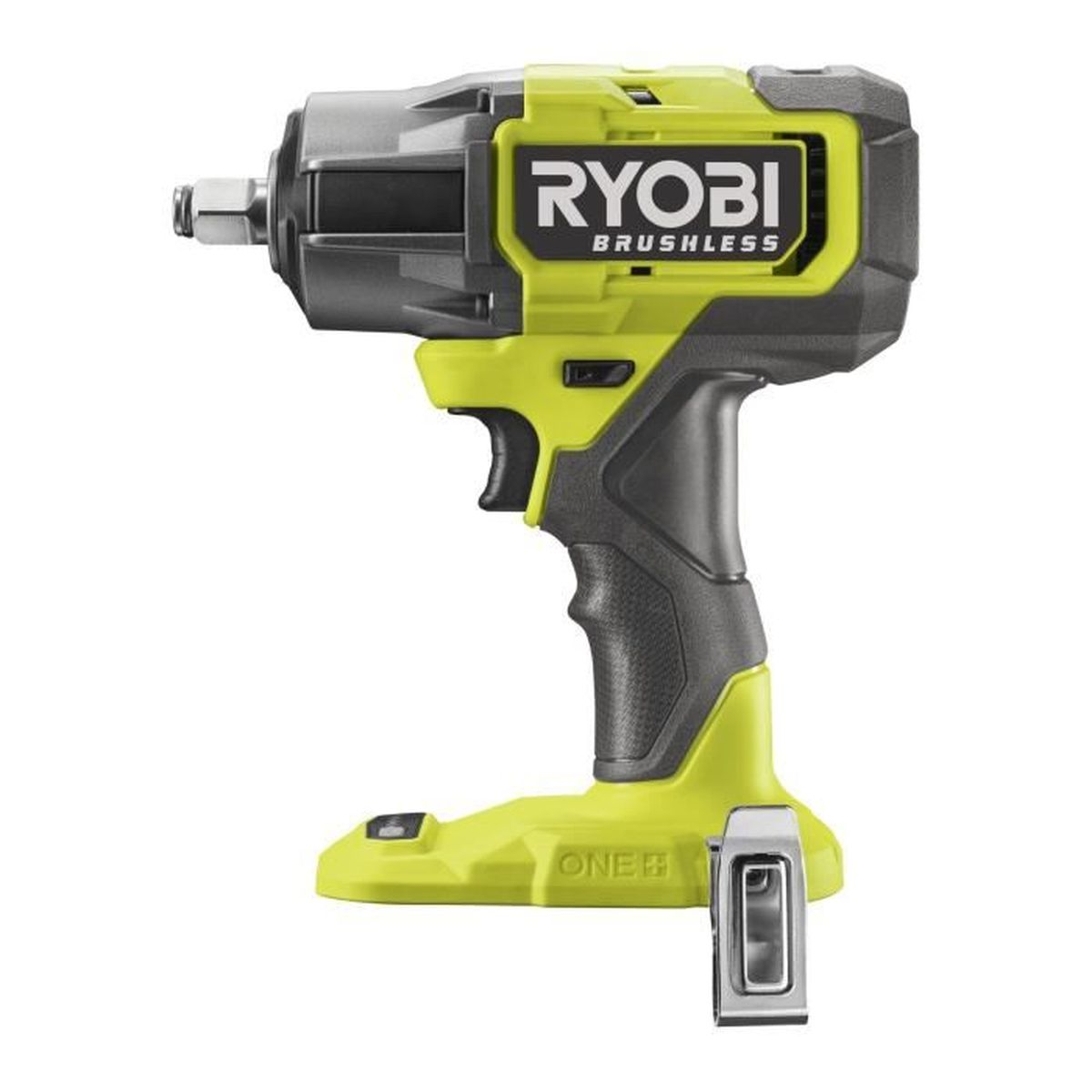 Ein gelber und grauer Ryobi Akkuschlagschrauber mit Werkzeuggürtelclip.