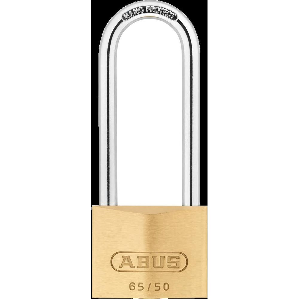 Ein goldfarbenes Vorhängeschloss mit silbernem Bügel und der Aufschrift ABUS.