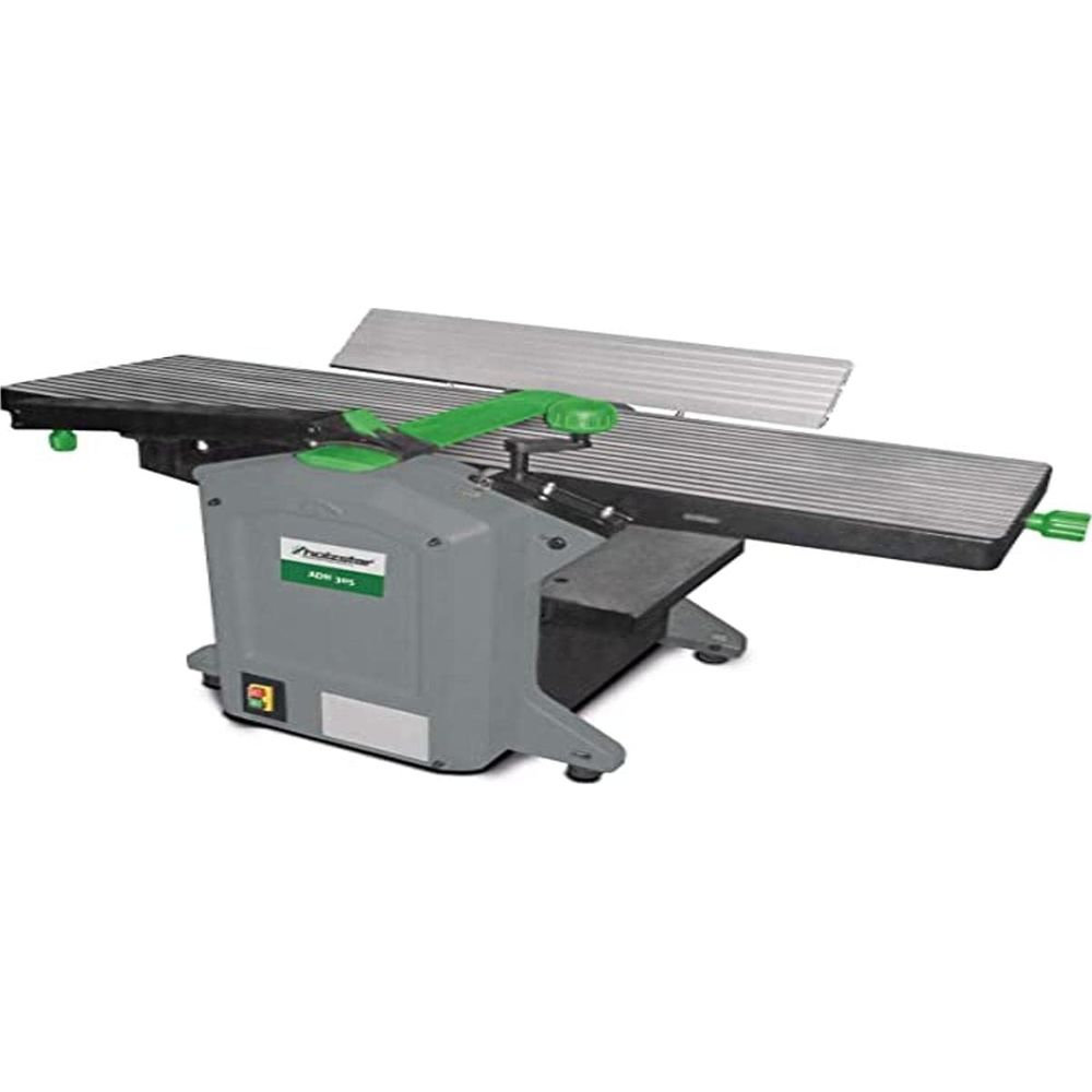 Raboteuse grise avec commandes vertes et table en métal.