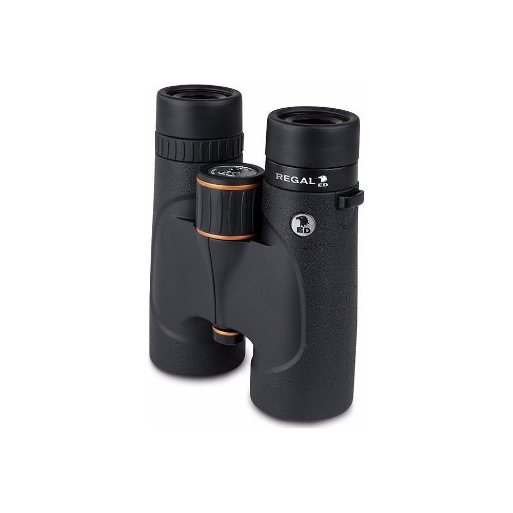 Binocolo nero Regal ED con accenti arancioni, su sfondo bianco.