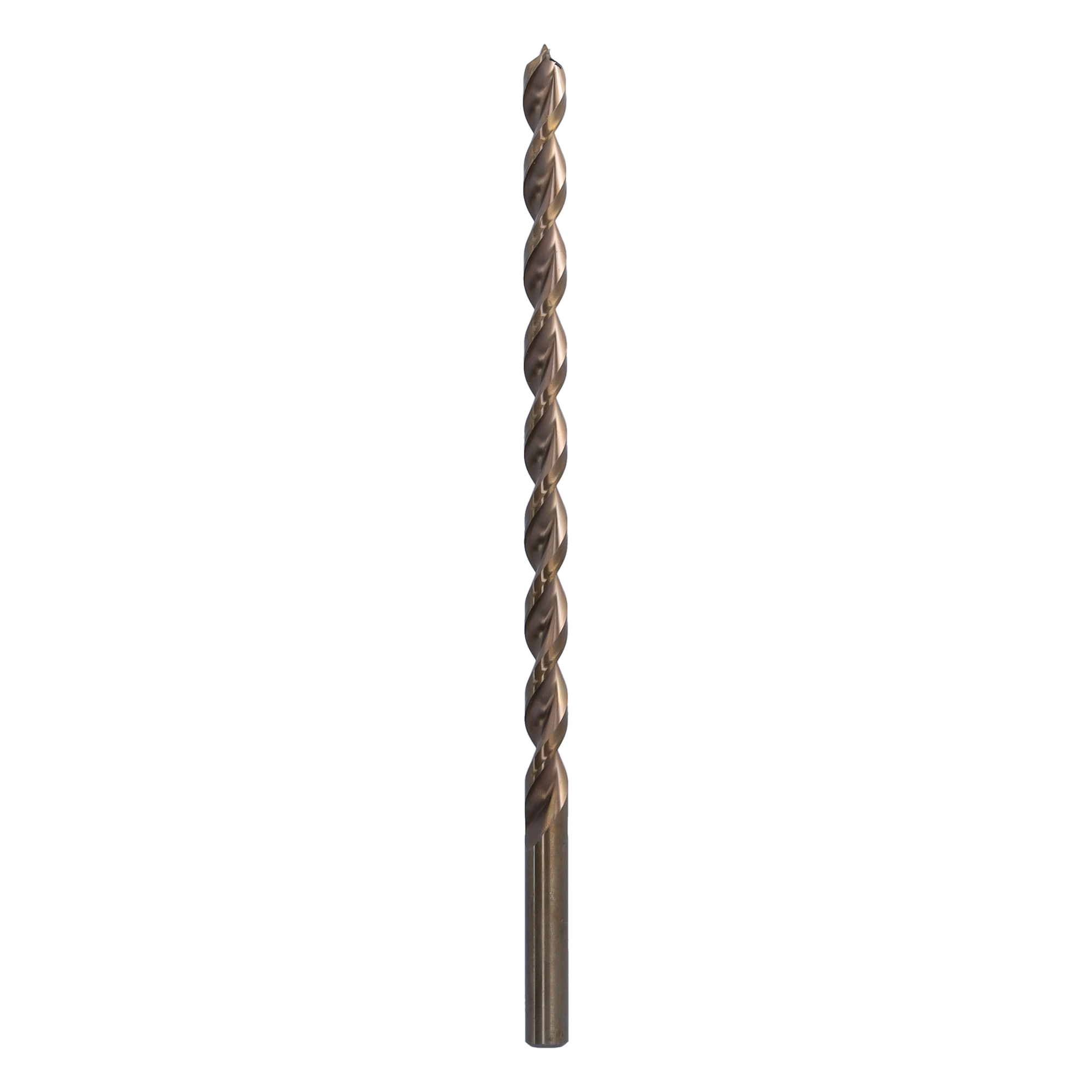 Ein metallischer Spiralbohrer mit poliertem Schaft und gefräster Spitze.