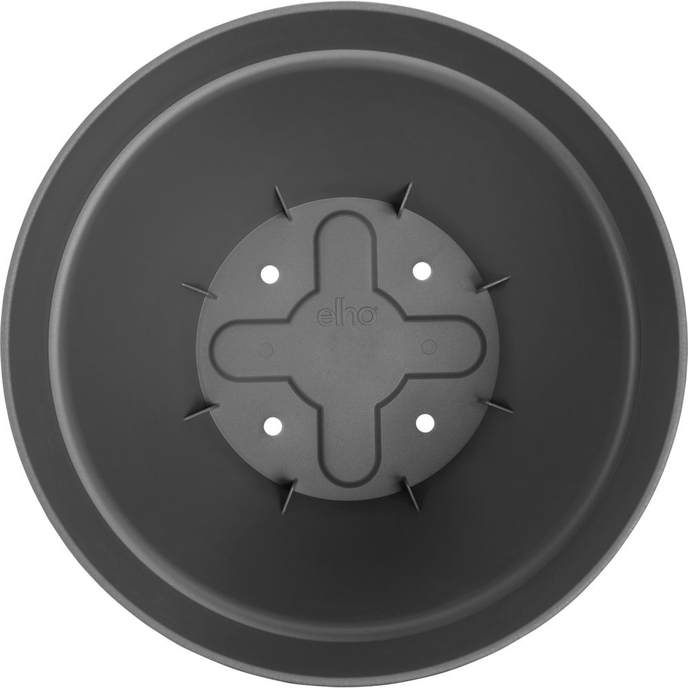 Grauer Blumentopf-Boden mit dem Elho-Logo und Entwässerungslöchern.