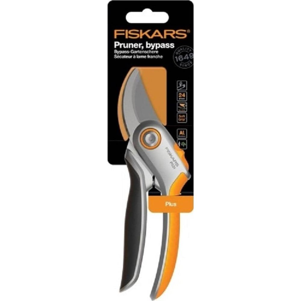 Fiskars Bypass Gartenschere mit orange-grauen Griffen und silberner Klinge.