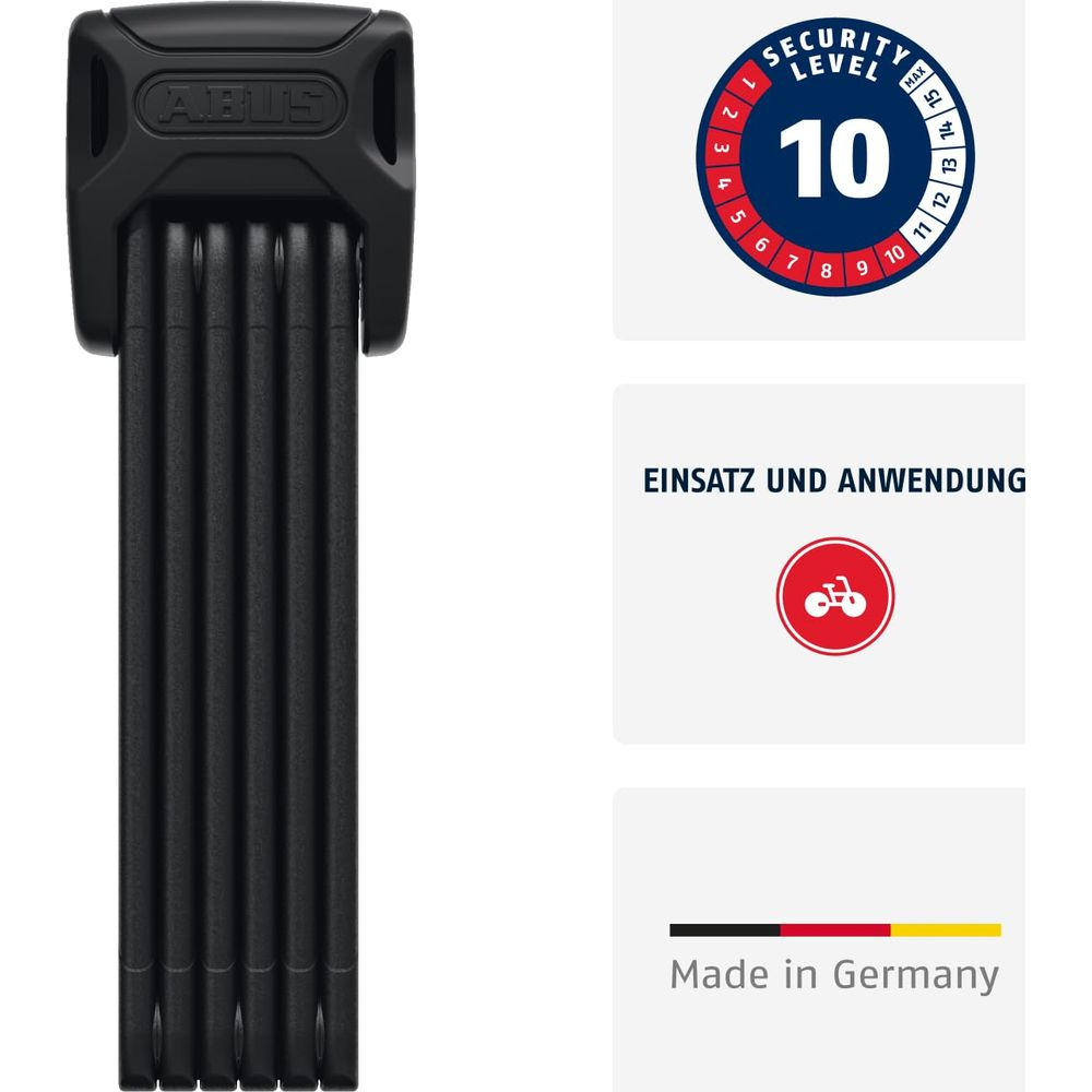 Schwarzes Faltschloss von ABUS mit Sicherheitsstufe 10 und Fahrradsymbol.