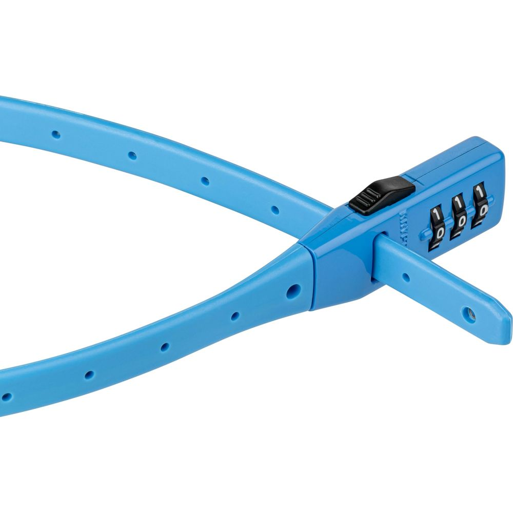 Ein blaues Zahlenschloss mit drei Ringen und einem schwarzen Riegel.