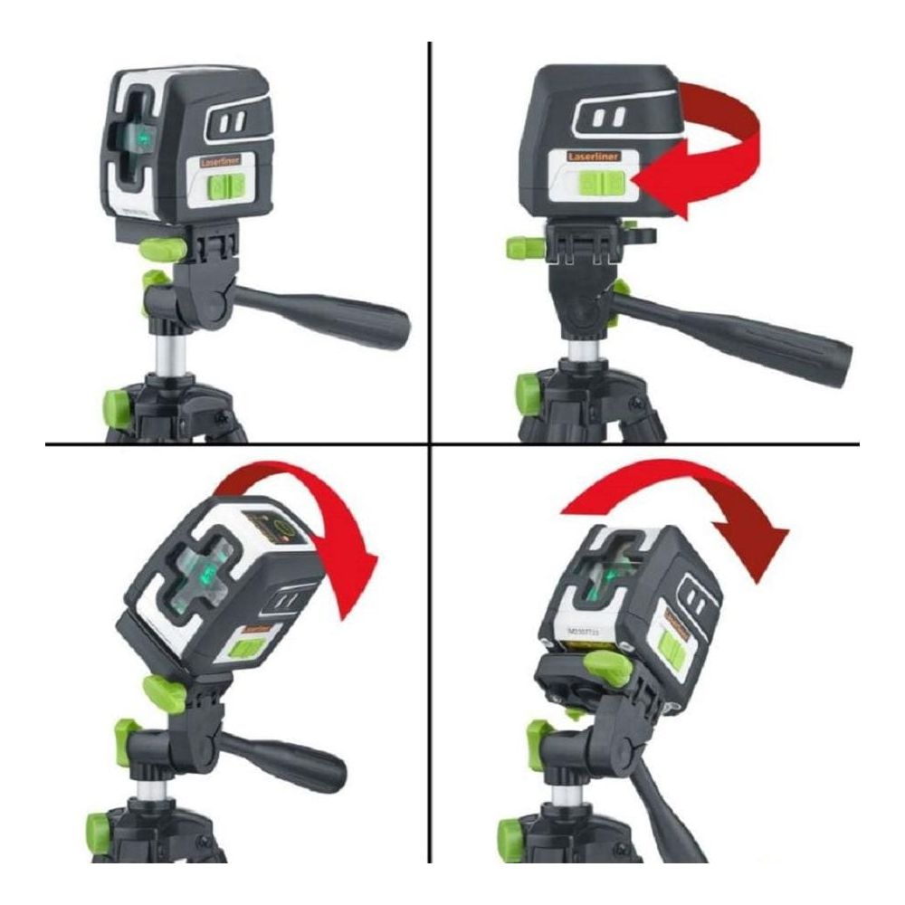 Niveau laser sur trépied, montrant différentes orientations et flèches de rotation.