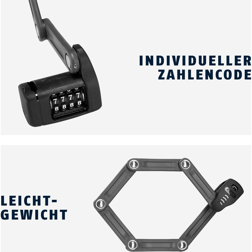 Ein faltbares Fahrradschloss mit Zahlenschloss und abnehmbarem Mechanismus.