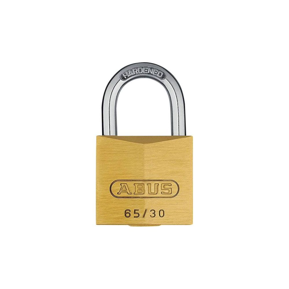 Ein goldener Vorhängeschloss mit silbernem Bügel und der Aufschrift ABUS.