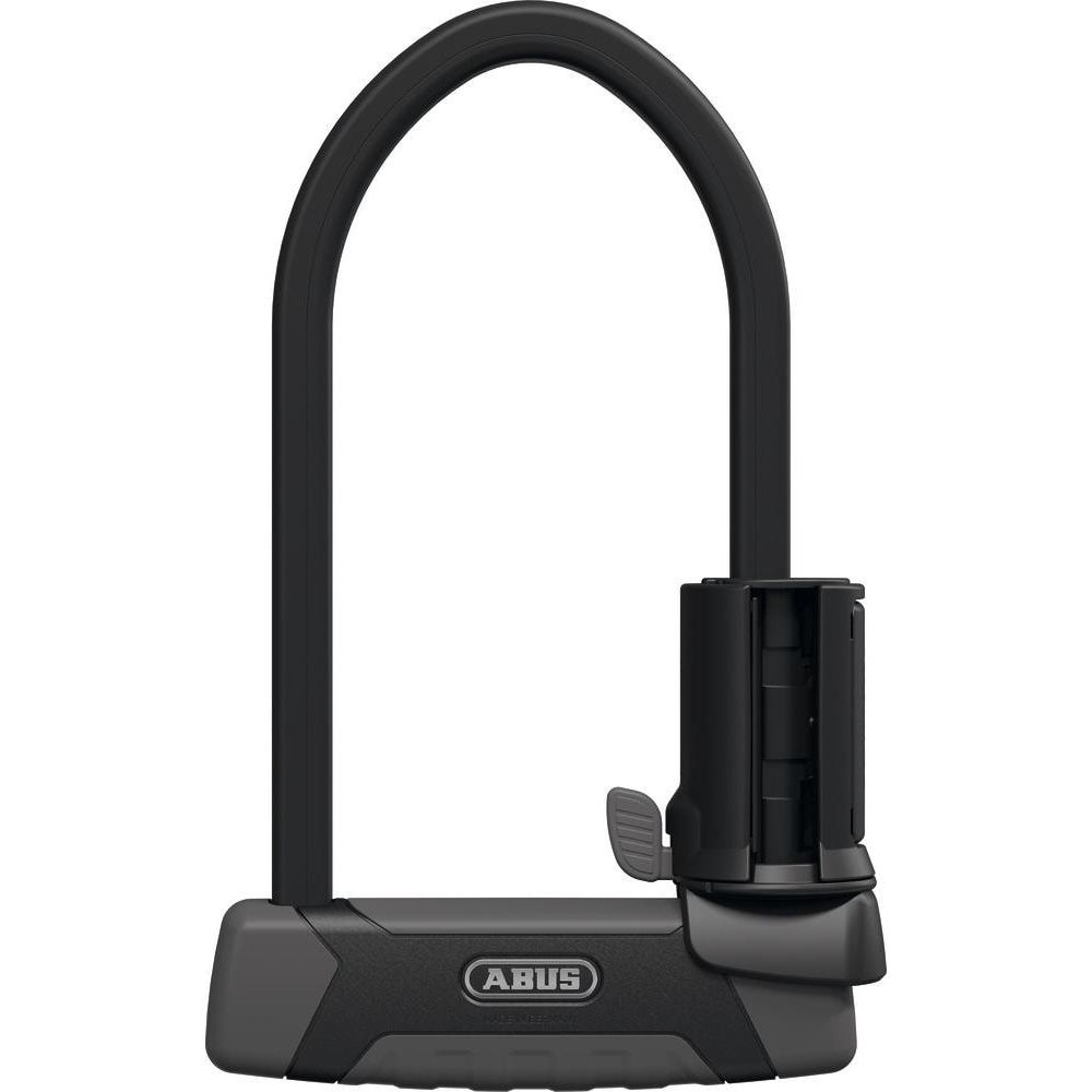 Ein schwarzer Bügel und ein grauer Sockel mit dem ABUS-Logo.