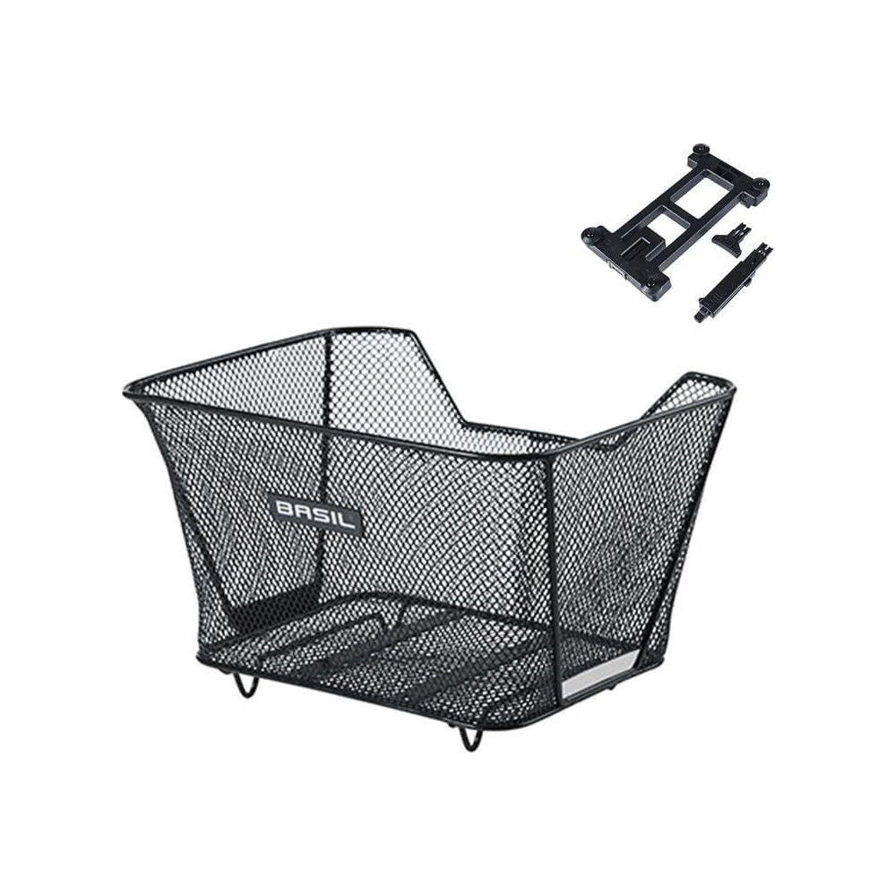 Cesta de bicicleta negra de malla de alambre con soporte de montaje y accesorios.