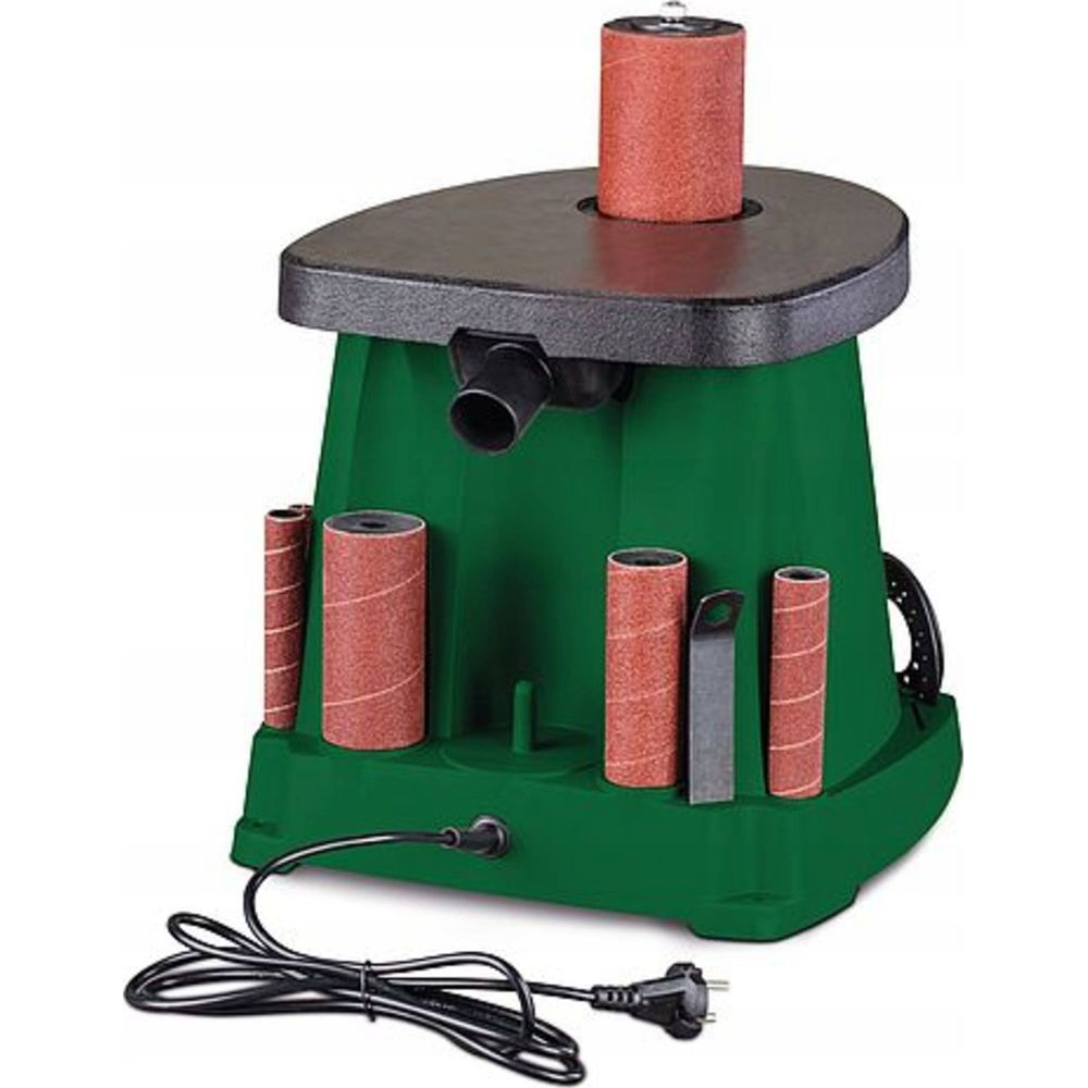 Ponceuse à broche verte avec tambours abrasifs rouges et cordon noir.