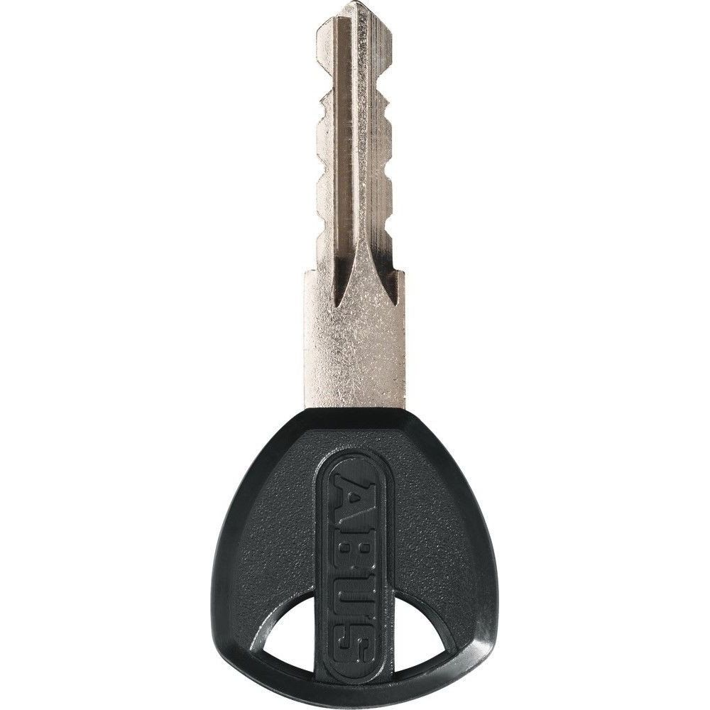 Ein silberner Schlüssel mit schwarzem Griff, auf dem ABUS steht.