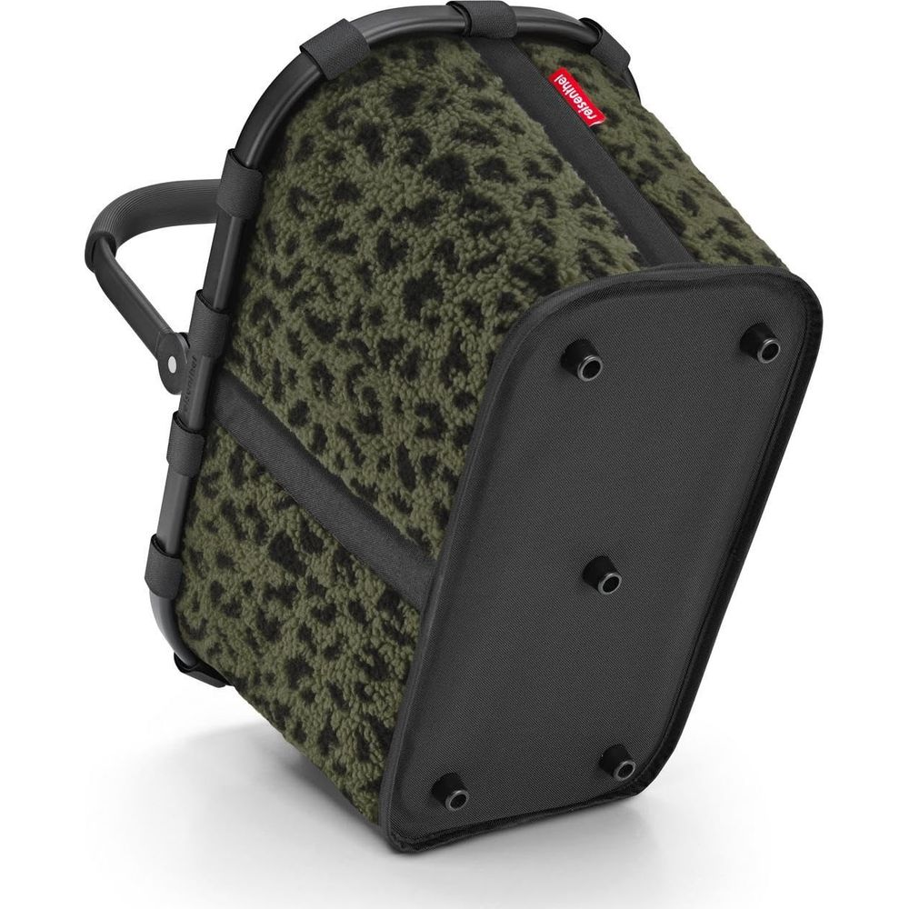 Sac vert à imprimé léopard, poignée et base noires.