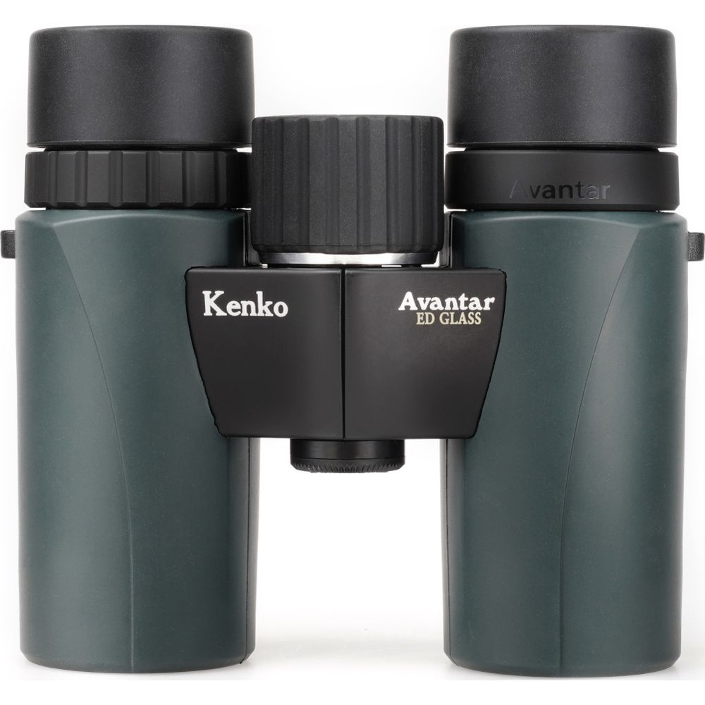 Binocolo verde scuro con tappi neri e ghiera di messa a fuoco. Kenko e Avantar ED GLASS.