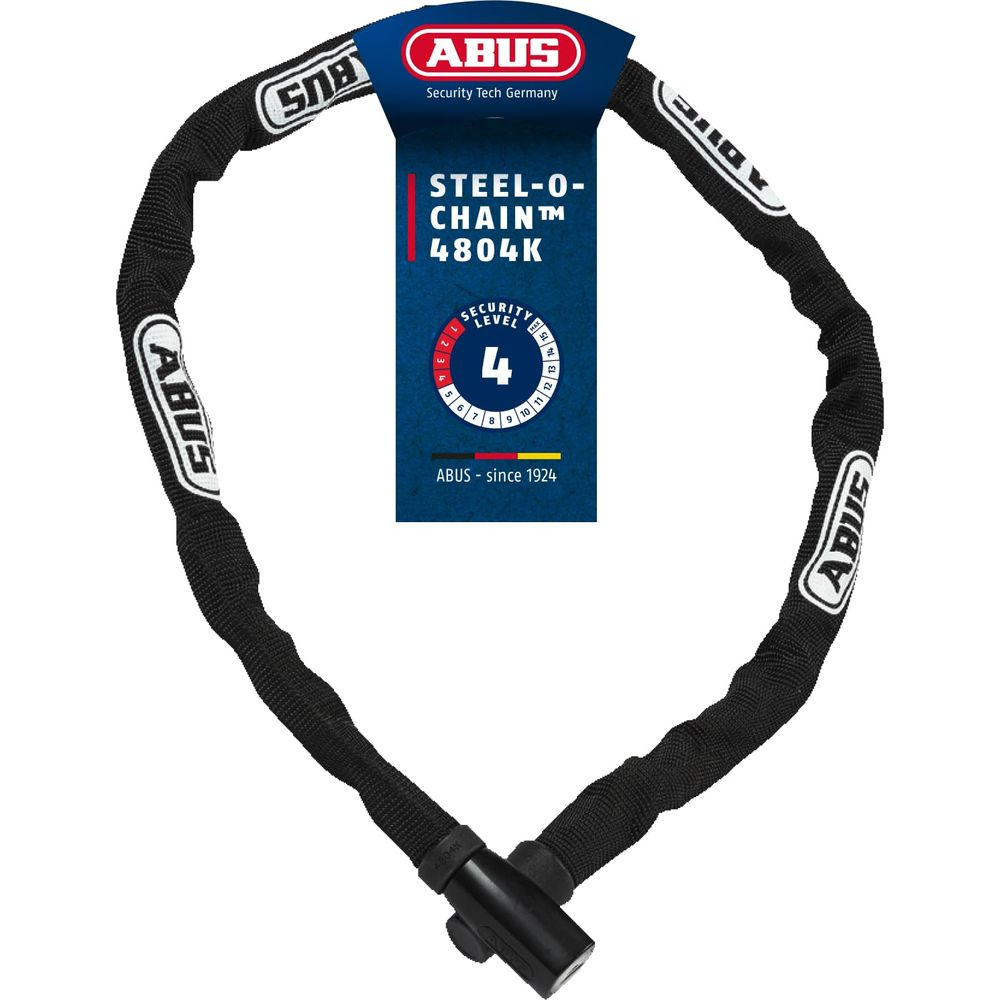 Ein schwarzes ABUS Fahrradschloss mit Stahlkette, Sicherheit Stufe 4.