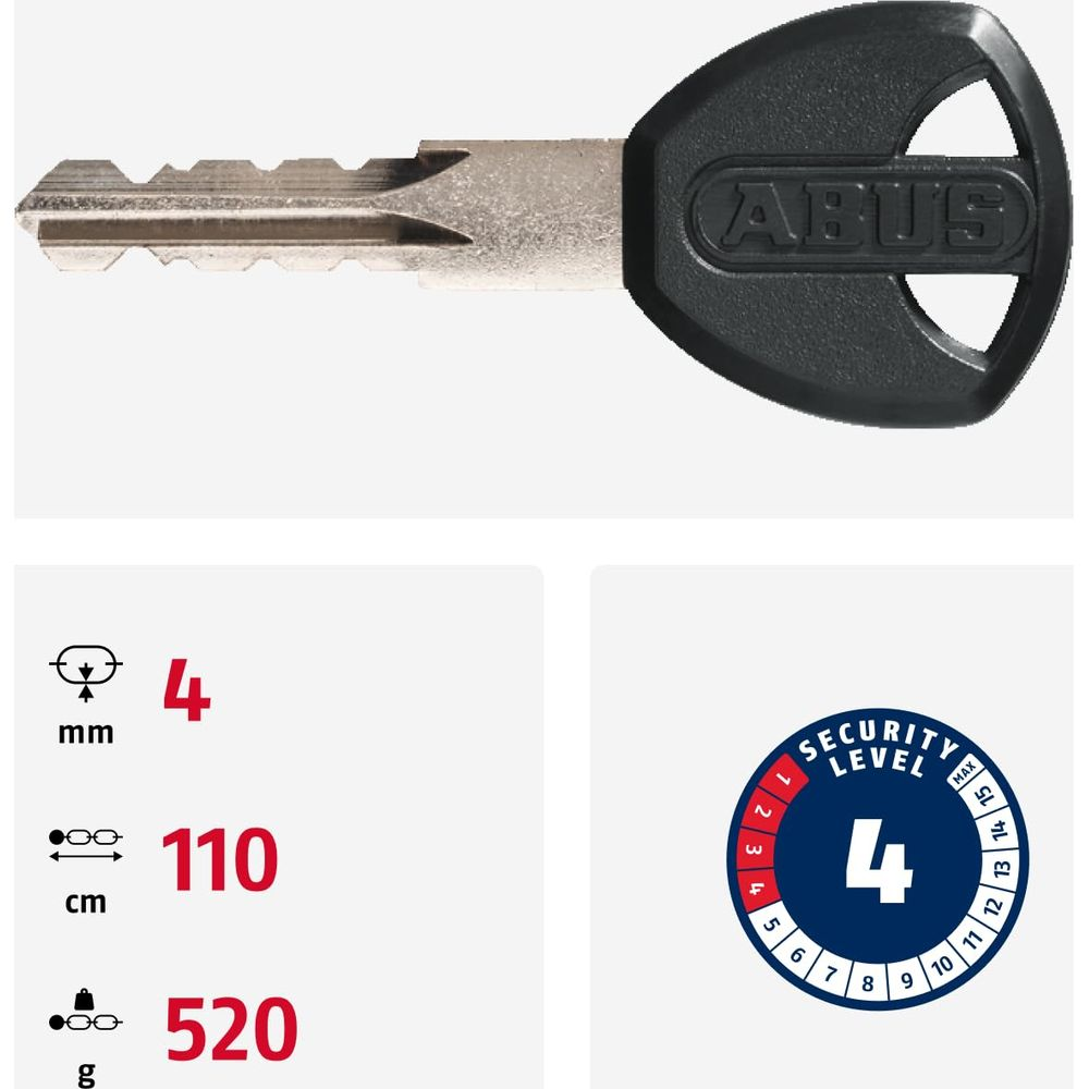 Ein dunkler Schlüssel mit ABUS-Logo, Sicherheitsstufe 4, 4mm, 110cm, 520g.
