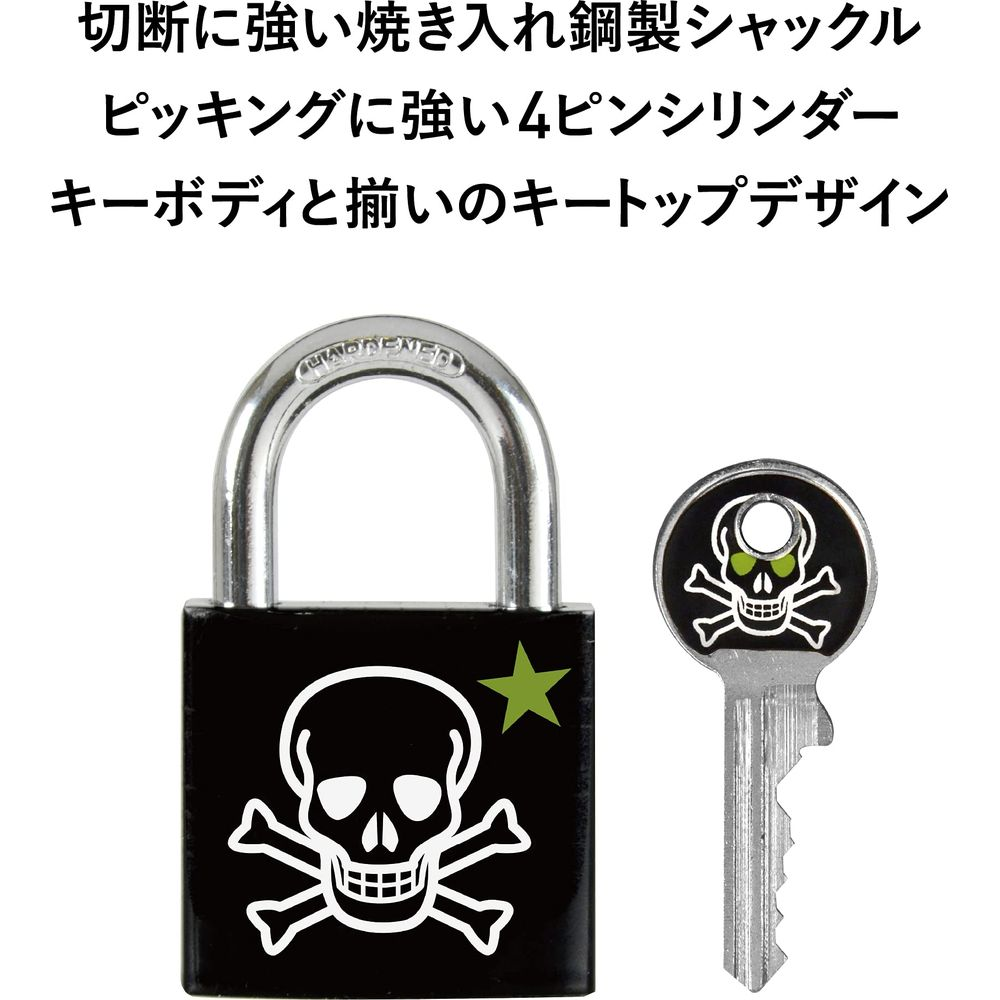 Ein schwarzes Vorhängeschloss mit Totenkopfmotiv und ein passender Schlüssel.
