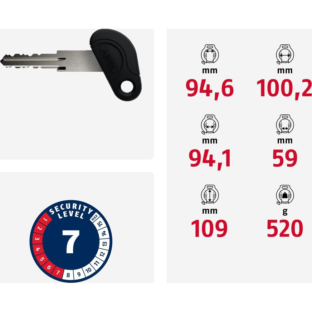 Ein ABUS Schlüssel, ein Sicherheitsschild und technische Daten.