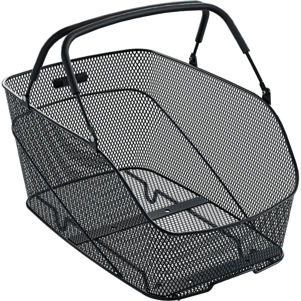 Panier de vélo noir en treillis métallique avec poignées.