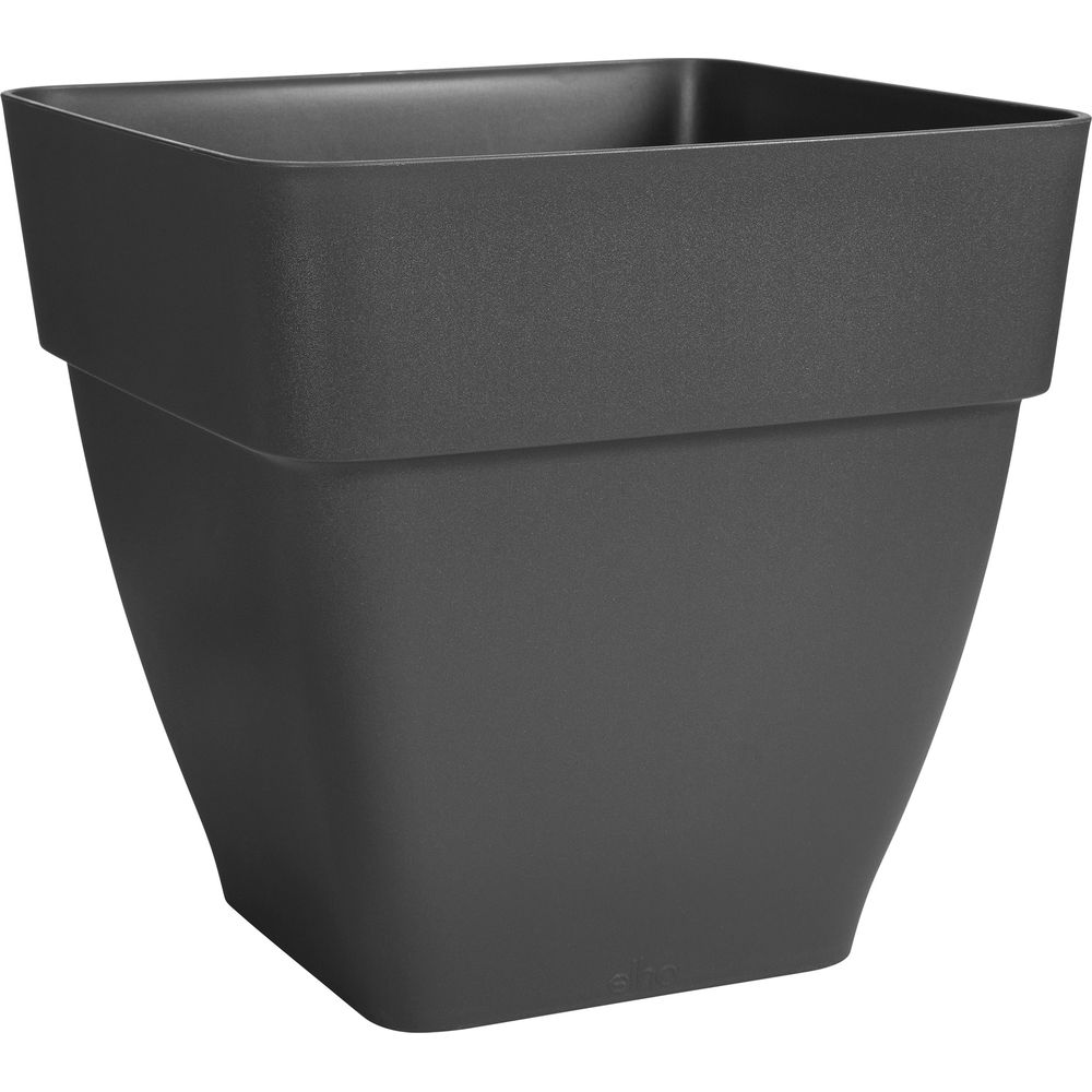 Ein dunkler, rechteckiger Blumentopf aus Kunststoff mit einer glatten Oberfläche.