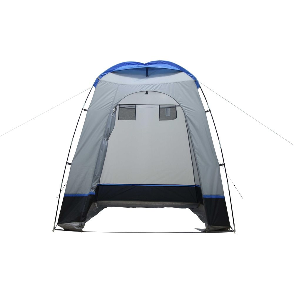 Tenda grigia con cappuccio blu, accenti neri e due finestre.