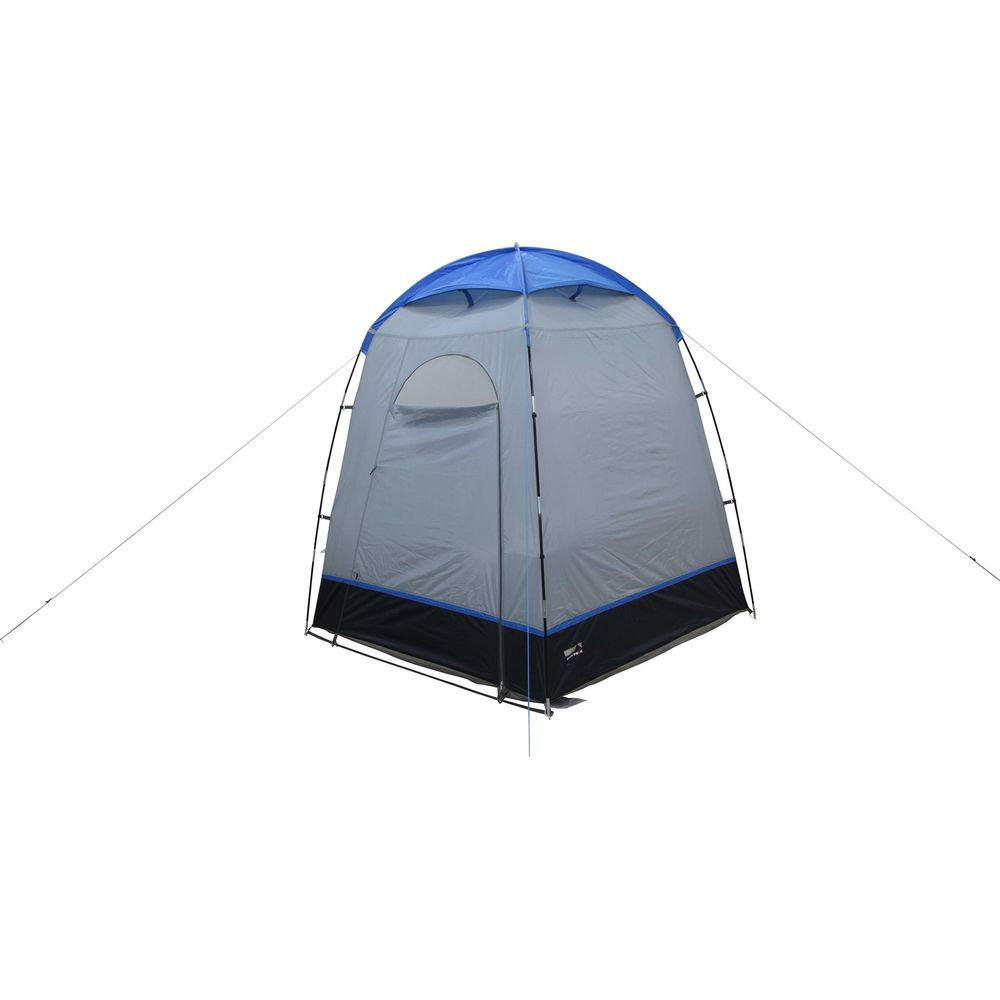 Una tenda grigia con cupola blu e base nera. Tenuta da tiranti.