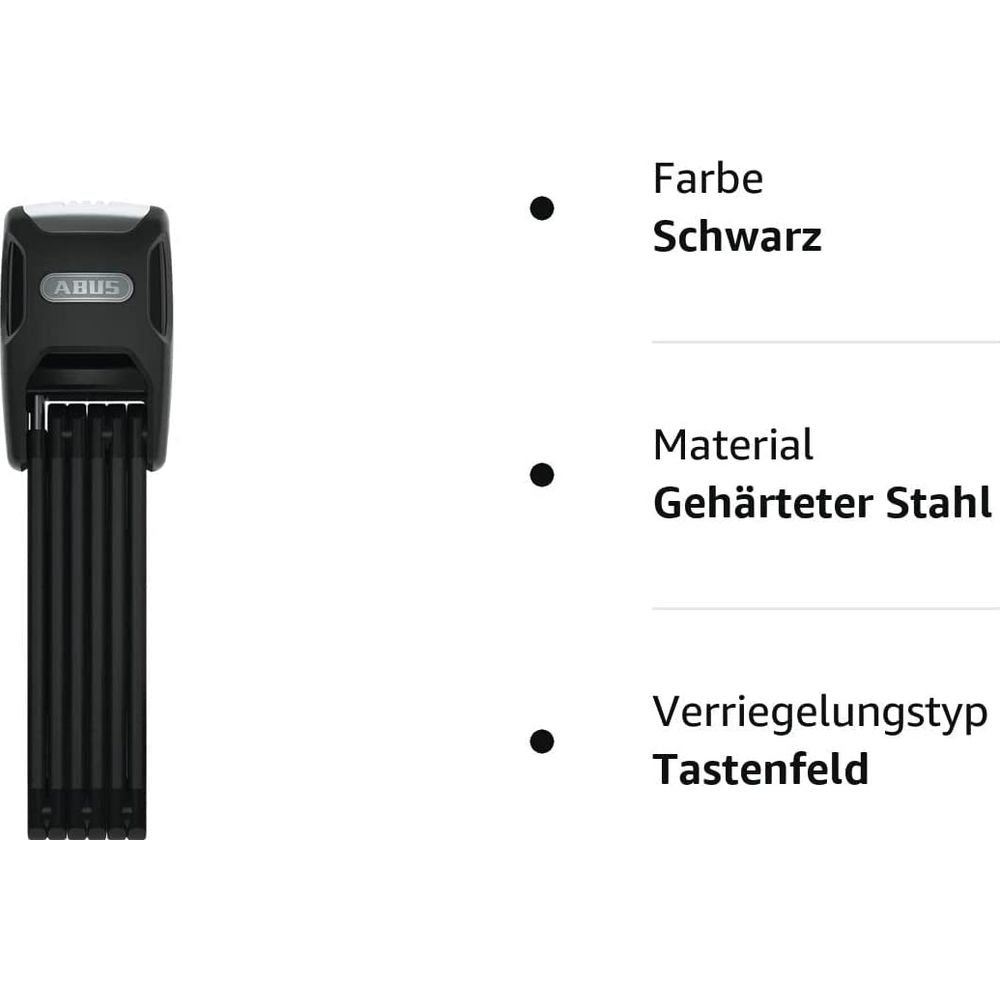 Schwarzer ABUS Faltschloss mit Details zu Farbe, Material und Verriegelungstyp.