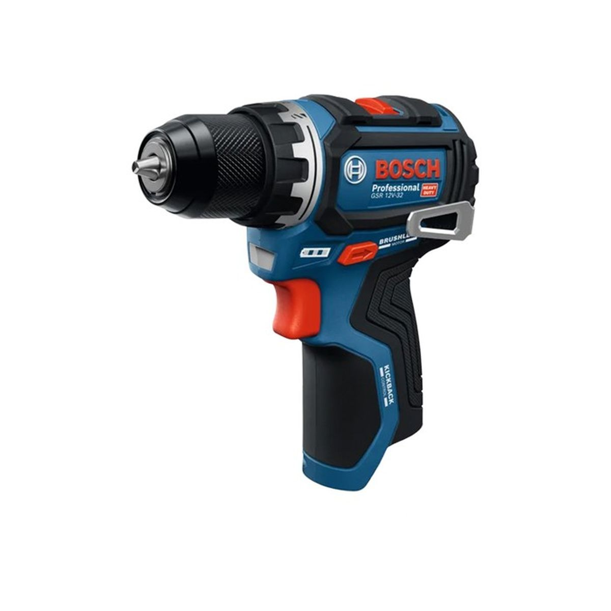 Un taladro atornillador inalámbrico Bosch azul y negro con gatillo rojo.