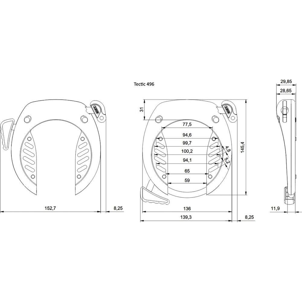 Technische Zeichnung mit Maßen für Tectic 496. Zeigt Ansichten und Details.