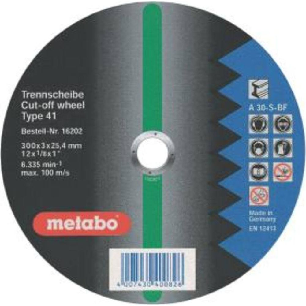 Meuleuse coupante Metabo Type 41, 300x3x25,4 mm, avec symboles de sécurité.