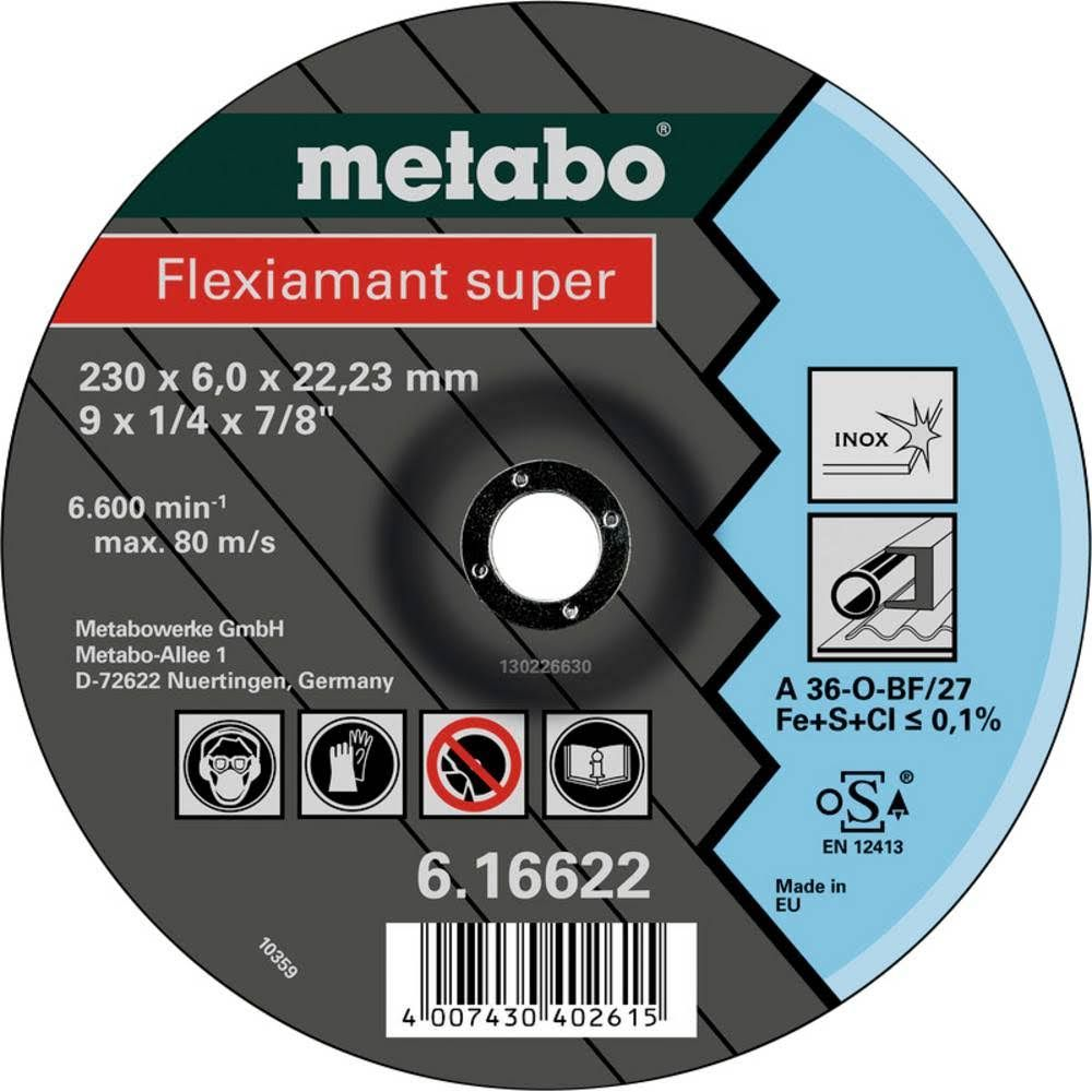 Disque de coupe Metabo Flexiamant super, 230mm, pour inox, avec marquages de sécurité.