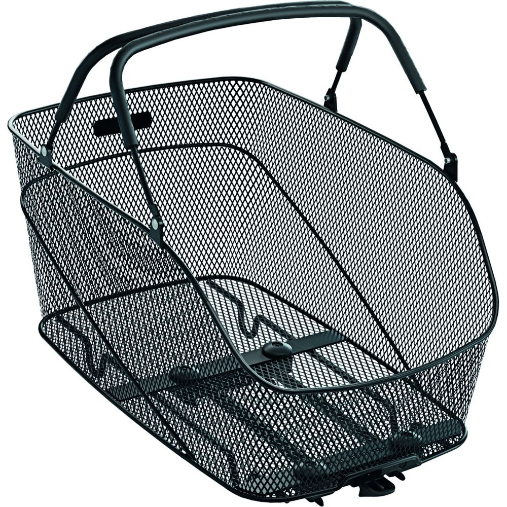 Panier de vélo noir en treillis métallique avec poignées et fixation.