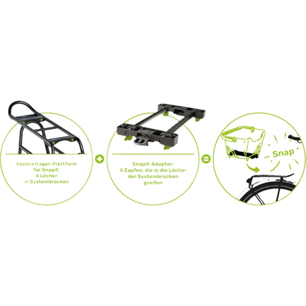 Porte-bagages de vélo, adaptateur Snapit et fixation de panier.