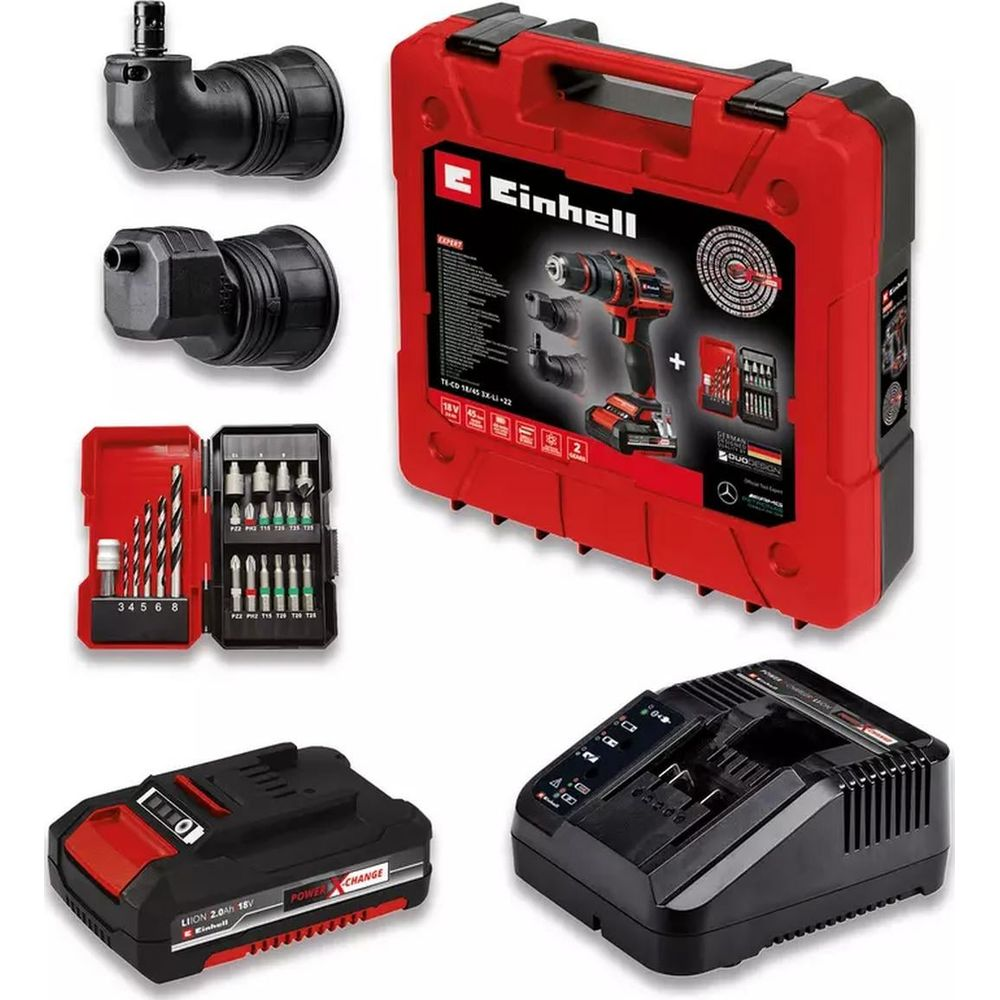 Zestaw wiertarek Einhell z walizką, akumulatorem, ładowarką i akcesoriami. Czerwony i czarny.