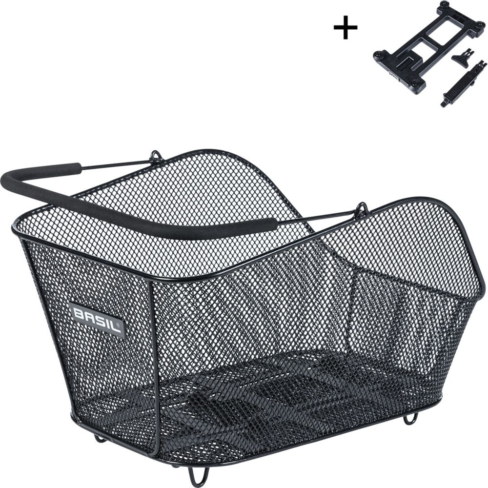 Cesta negra de malla metálica para bicicleta con asa y accesorios.