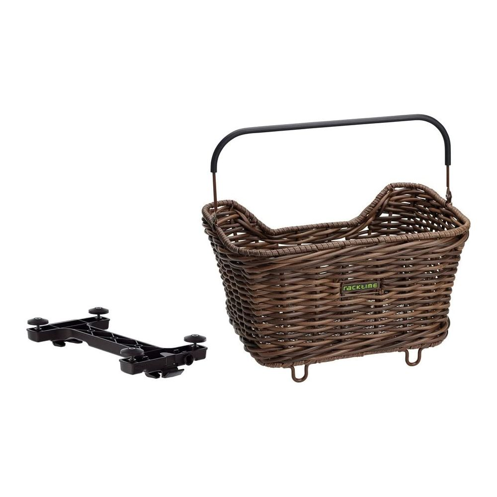 Un panier en osier marron avec une poignée noire et un cadre de montage noir à côté.