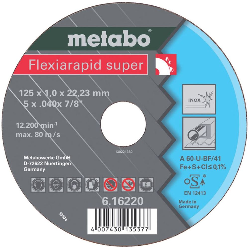 Disque de coupe Metabo Flexiarapid super, 125mm, avec spécifications techniques et icônes de sécurité.