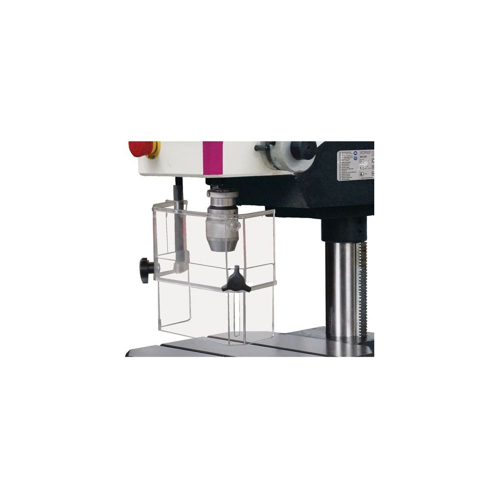 Bohrmaschinenkopf mit transparentem Schutz und Bohrfutter. Roter Knopf oben.
