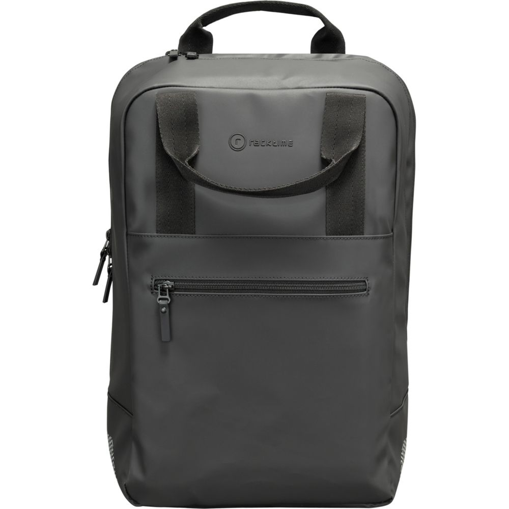 Un sac à dos noir avec des poignées, une poche zippée et un logo.