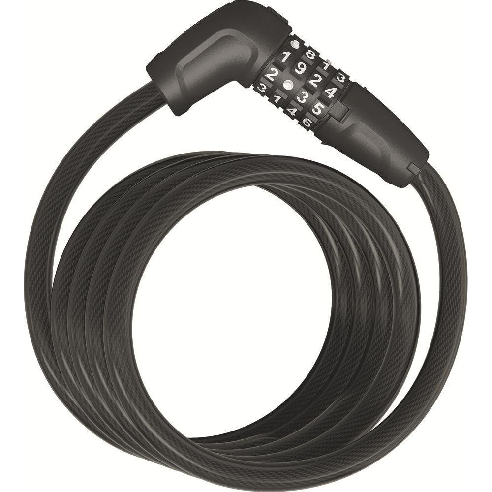 Schwarzes Zahlenschloss mit Kabel, das in einer Schleife liegt.